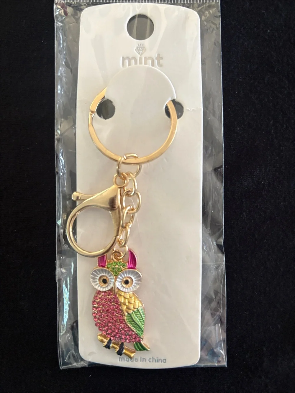 Beautiful Pink Green Gold Owl Keychain Bag Charm
